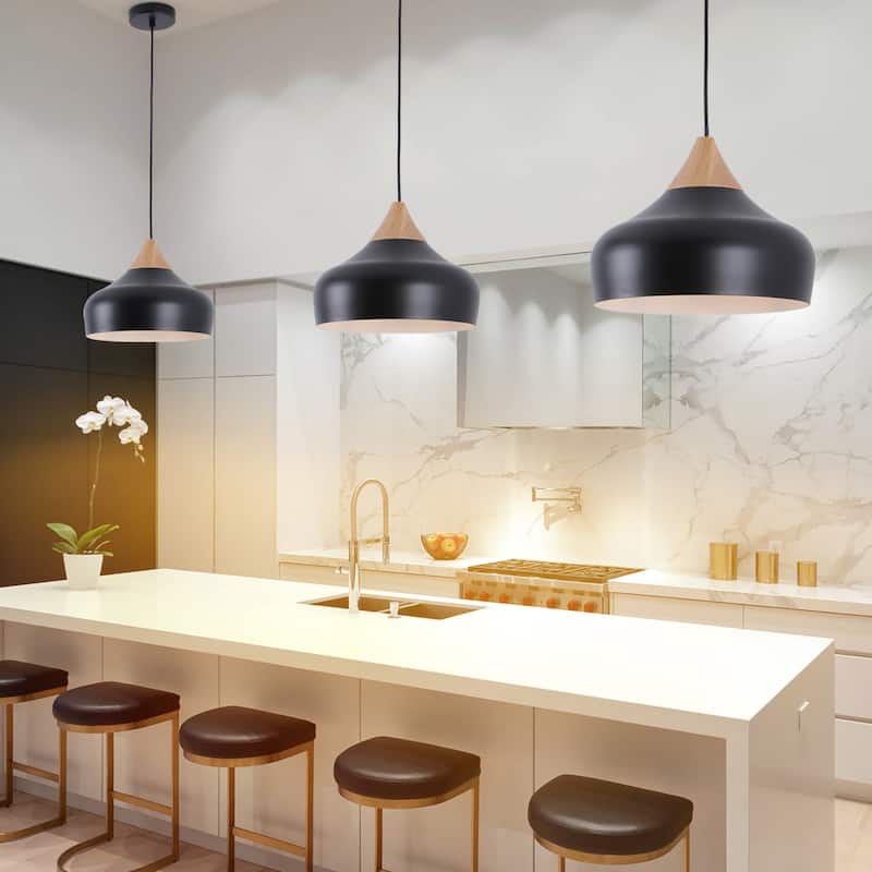 Aurora 13 in. 60-Watt 1-Light Pendant Light with Metal Round Shade and Natural Rubber Wood Top