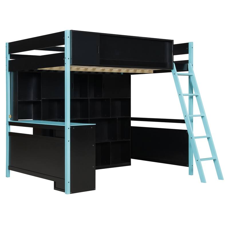 Full Size Wood Loft Bed with Desk, Storage & Light