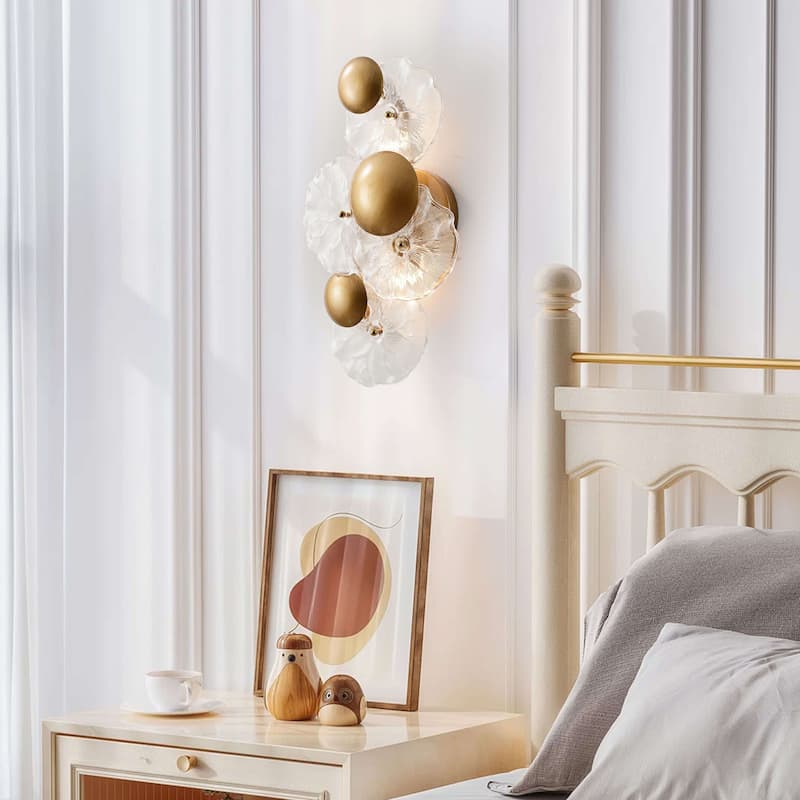 Frieda 2-Light Brushed Brass Glass Flower Wall Sconce - 9" W x 16" H x 5.5" D