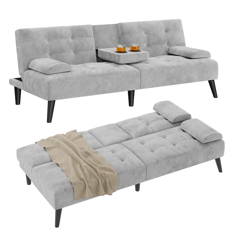 3-in-1 Convertible Sofa Bed with Folding Cup Holders & Adjustable Backrest – Modern Futon with Removable Armrests
