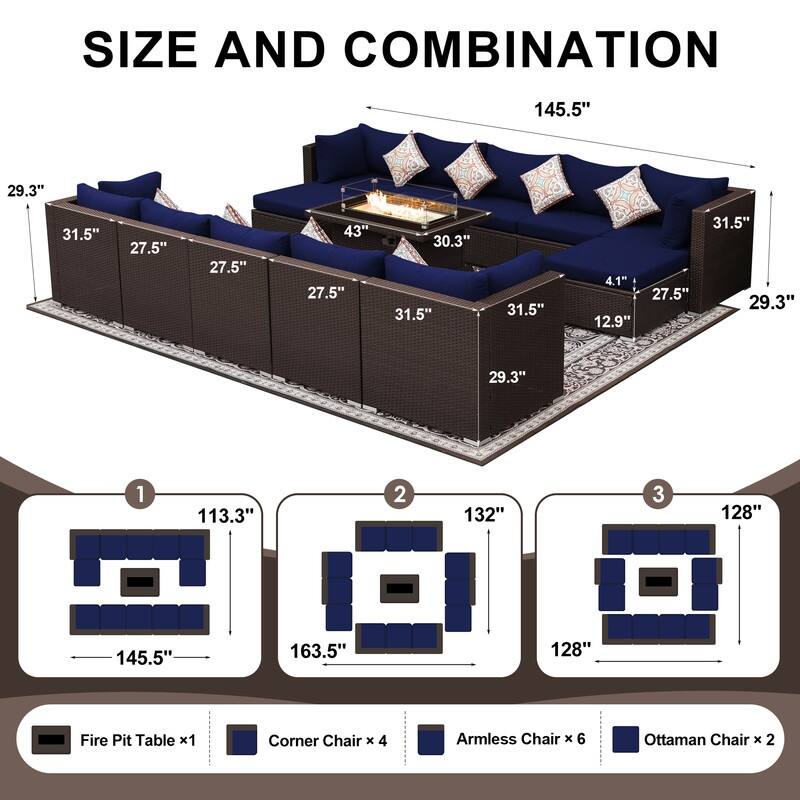 13-Piece Outdoor Wicker Patio Sectional Conversation Set with 43" CSA Fire Pit Table