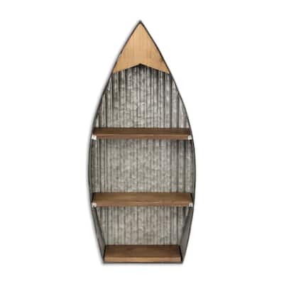 Gray Metal Ribbed Wall Hanging Boat with Wood Shelves