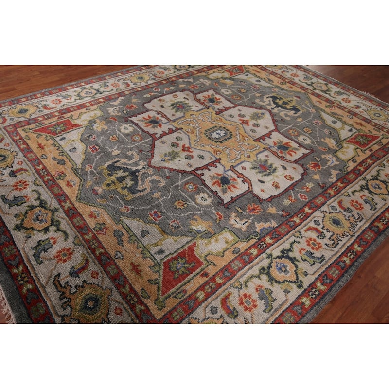 Geometric Heriz Serapi Area Rug Hand-Knotted Grey Wool Carpet - 7'11"x 10'1"