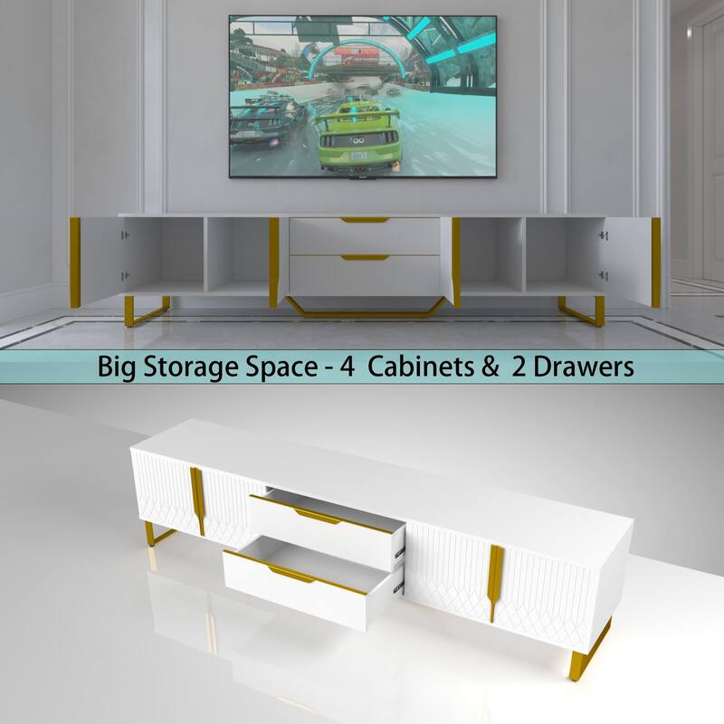 White Modern 70.8" TV Console with Storage Cabinets and Metal Legs for Living Room for TVs Up to 70"