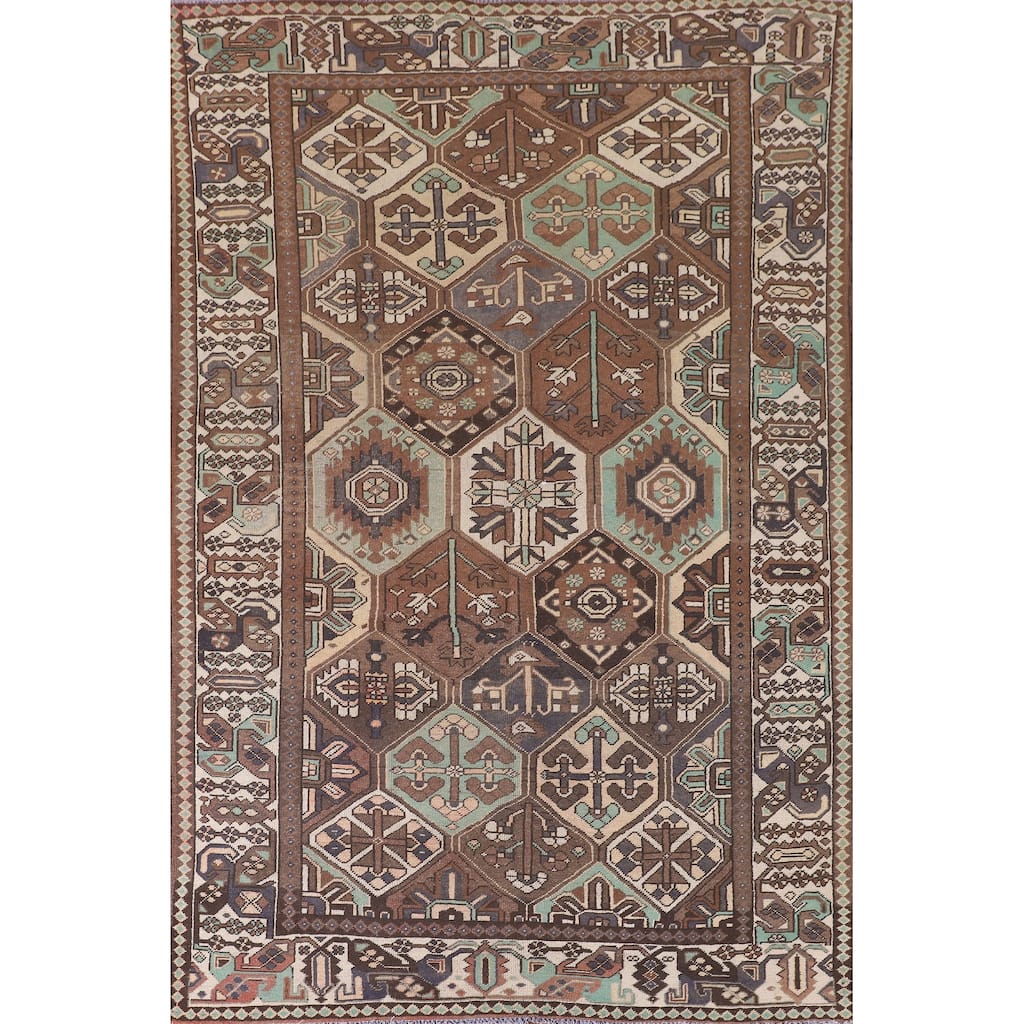 Geometric Bakhtiari Persian Vintage Area Rug Hand-Knotted Wool Carpet - 6'10"x 10'3"