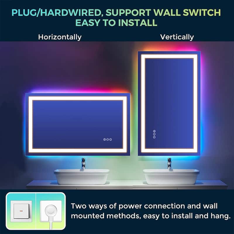 Super Bright RGB Backlit & LED Frontlit Anti-Fog Bathroom Vanity Mirror in Tempered Glass & ETL
