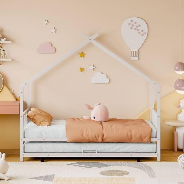 slide 2 of 9, Twin Size Metal House Bed with Twin Size Trundle and Sturdy and Durable White