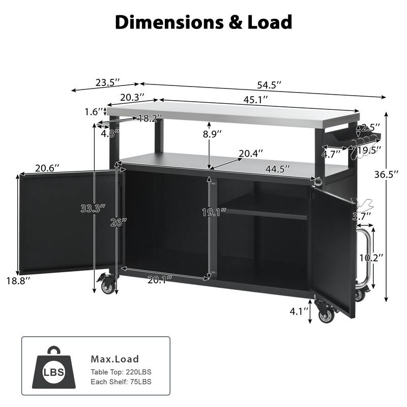 Metal Kitchen Island with Stainless Steel Tabletop, Rolling Spice Storage Cabinet w/Towel Rack and 4 Lockable Wheels for Kitchen