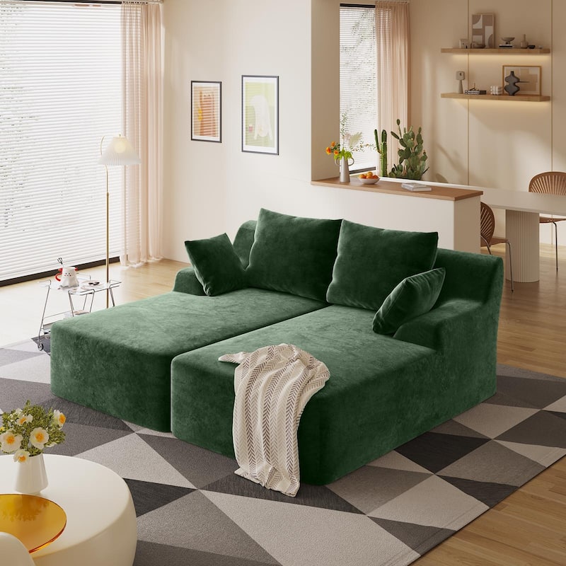 Velvet Dual Chaise Sofa Bed, Sleeper Sofa with Thicked Cushions and Throw Pillows, Deep Seat Lounge Loveseat Sofa
