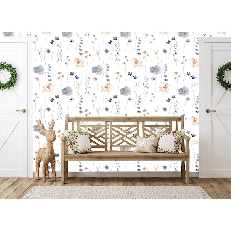 Blue Fayee Floral 10'L x 24''W Peel and stick wallpaper - Grey