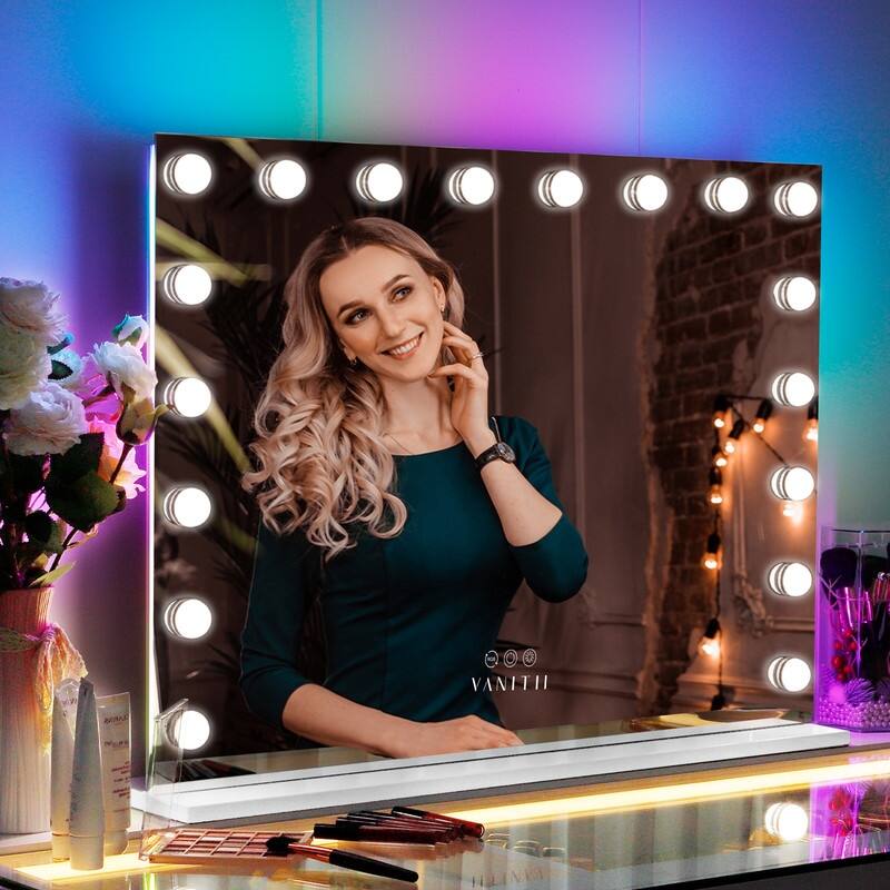 VANITII Hollywood Vanity Makeup Mirror With RGB Strip Lights-18 Dimmable LED Bulbs 32'' x 23'' Wall Mount