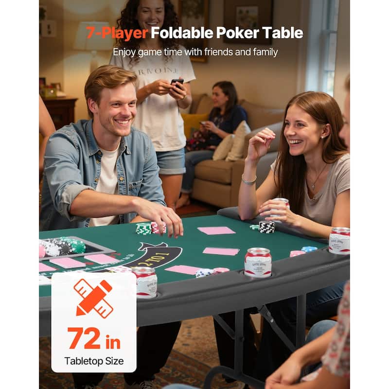 72 Inch Foldable Poker Table for 7 Players with Cup Holders & Felt Surface - 72.0 x 32.5 x 30.1 in