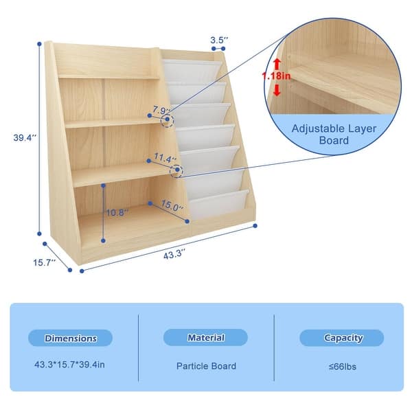 4 Tier Kids Bookshelf Baby Toddler Book Rack Children Bookcase Toy Storage Organizer with 6 Sling Adjustable Shelf