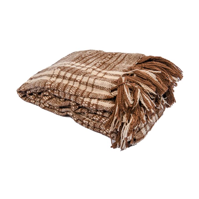HomeRoots 67" X 71" Brown and Ivory Cotton Woven Geometric Throw Blanket with Fringe