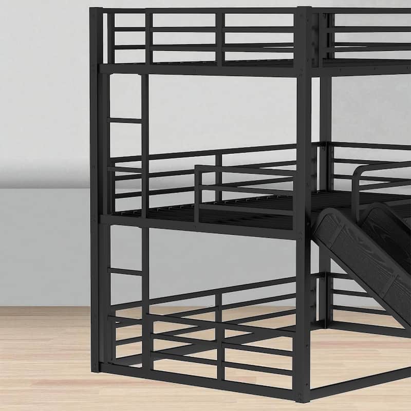 Metal Triple Bunk Bed with Slide, Twin XL/Full/Queen, Safety Guardrails, Quiet Slat Design, Heavy-Duty, Black