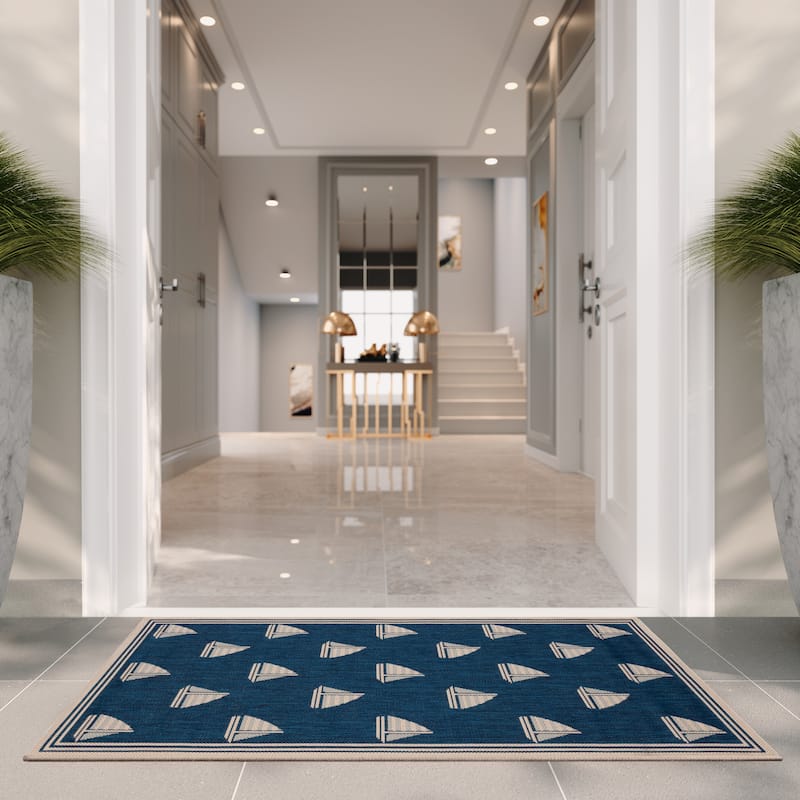 SAFAVIEH Courtyard Liljanka Indoor/ Outdoor Waterproof Patio Backyard Rug - 2'7" x 5' - Navy/Beige