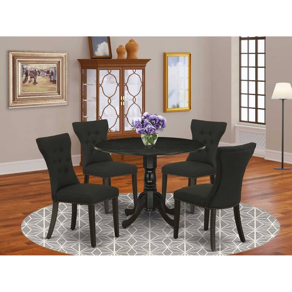 HomeStock 5-Piece Round Wirebrushed Black Finish Solid Wood Top Dining Table with 4 Parson Chair with Lattice Back