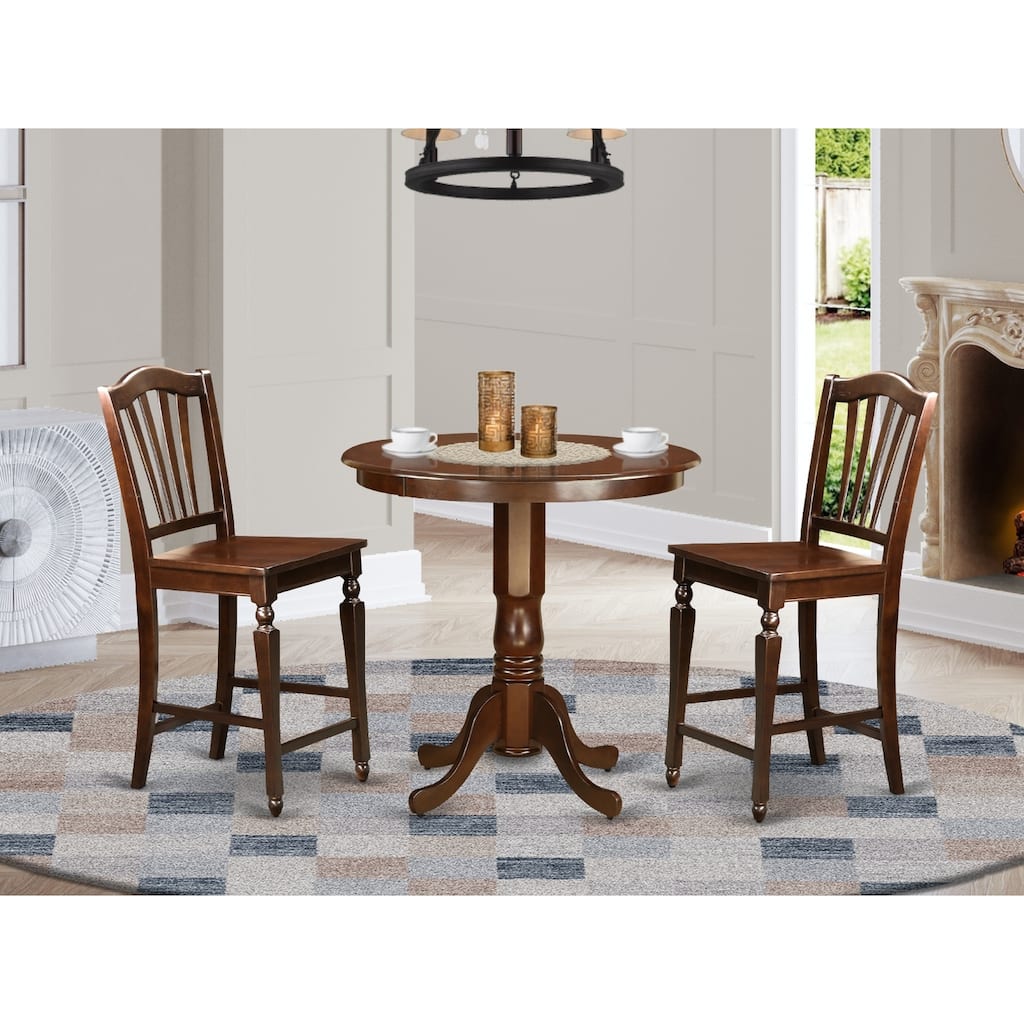 Counter Height Dining Set - 3 Piece Table & Chair Set - Round Pedestal Table - Mahogany Finish
