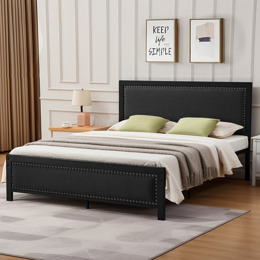 VECELO Bed Frame with Upholstered Linen Headboard and Footboard Heavy-Duty Platform with Strong Metal Slats