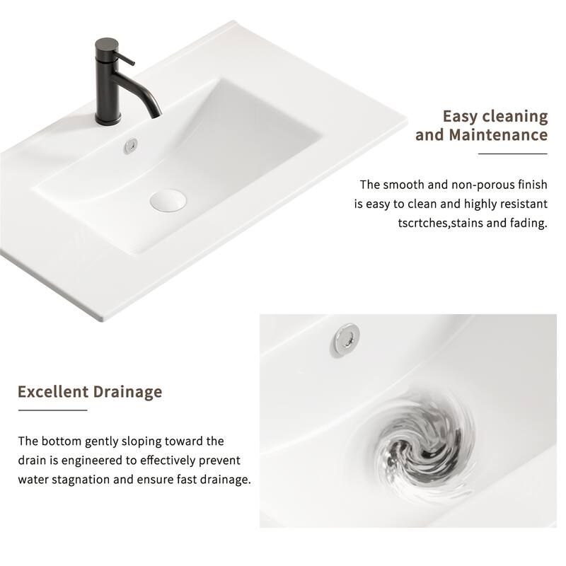 30" Ceramic Bathroom Vanity Sink Top with Overflow