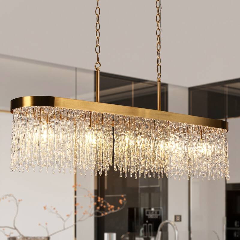 Modern Gold 5-Light Crystal Chandelier Rectangle Island Pendant for Kitchen Island Dining Room - 43.3" W x 19.2" H x 10" D