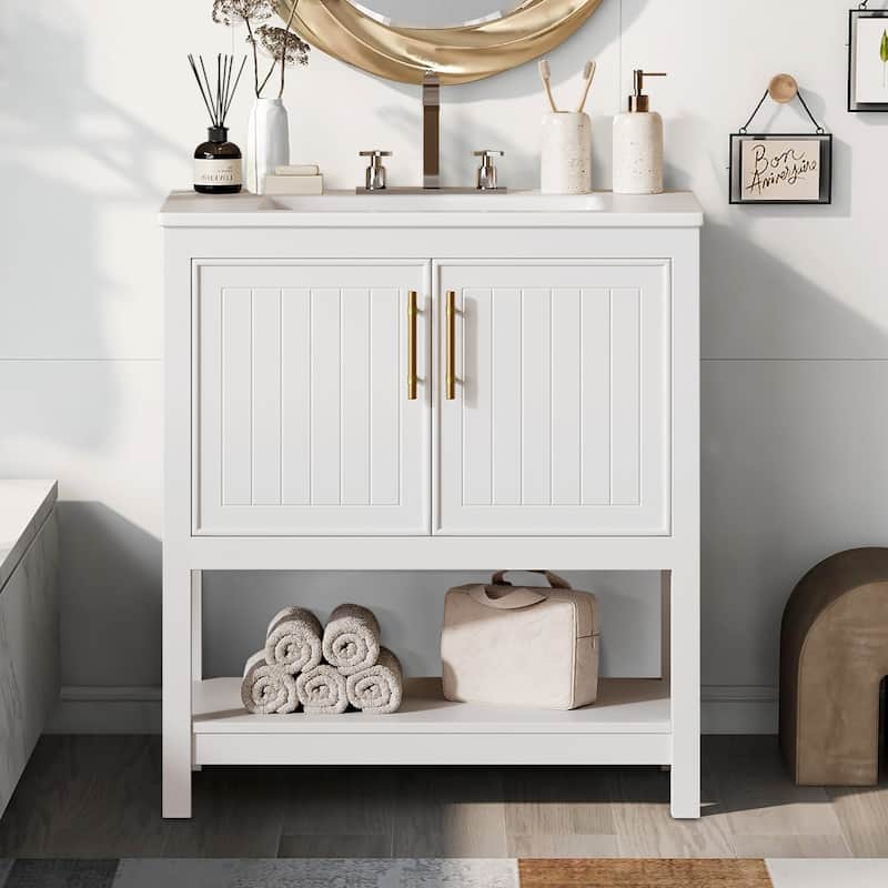 30-Inch Bathroom Vanity with Ceramic Sink and Versatile Storage - White