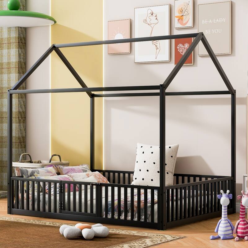 Black Full Size Metal House Bed with Fence, Roof, and Door for Kids - Full - Black