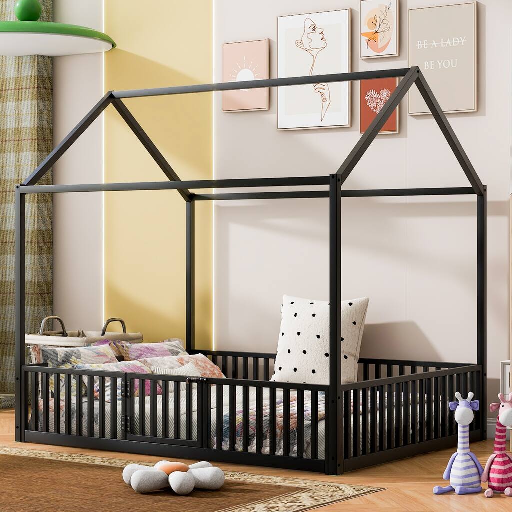 Black Full Size Metal House Bed with Fence, Roof and Door for Kids, Boys and Girls, Bedroom