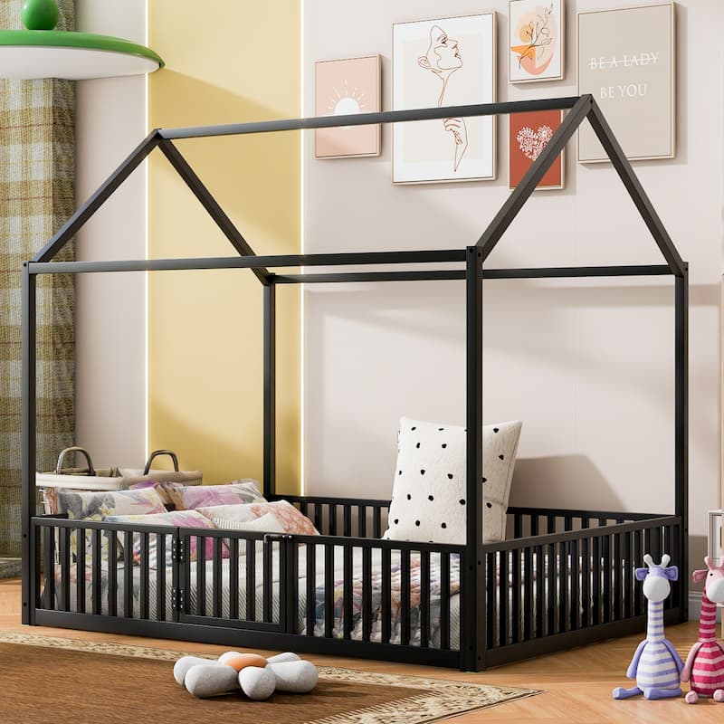 Metal House Bed with Fence, Roof and Door for Kids, Boys and Girls, Bedroom - Full - Black