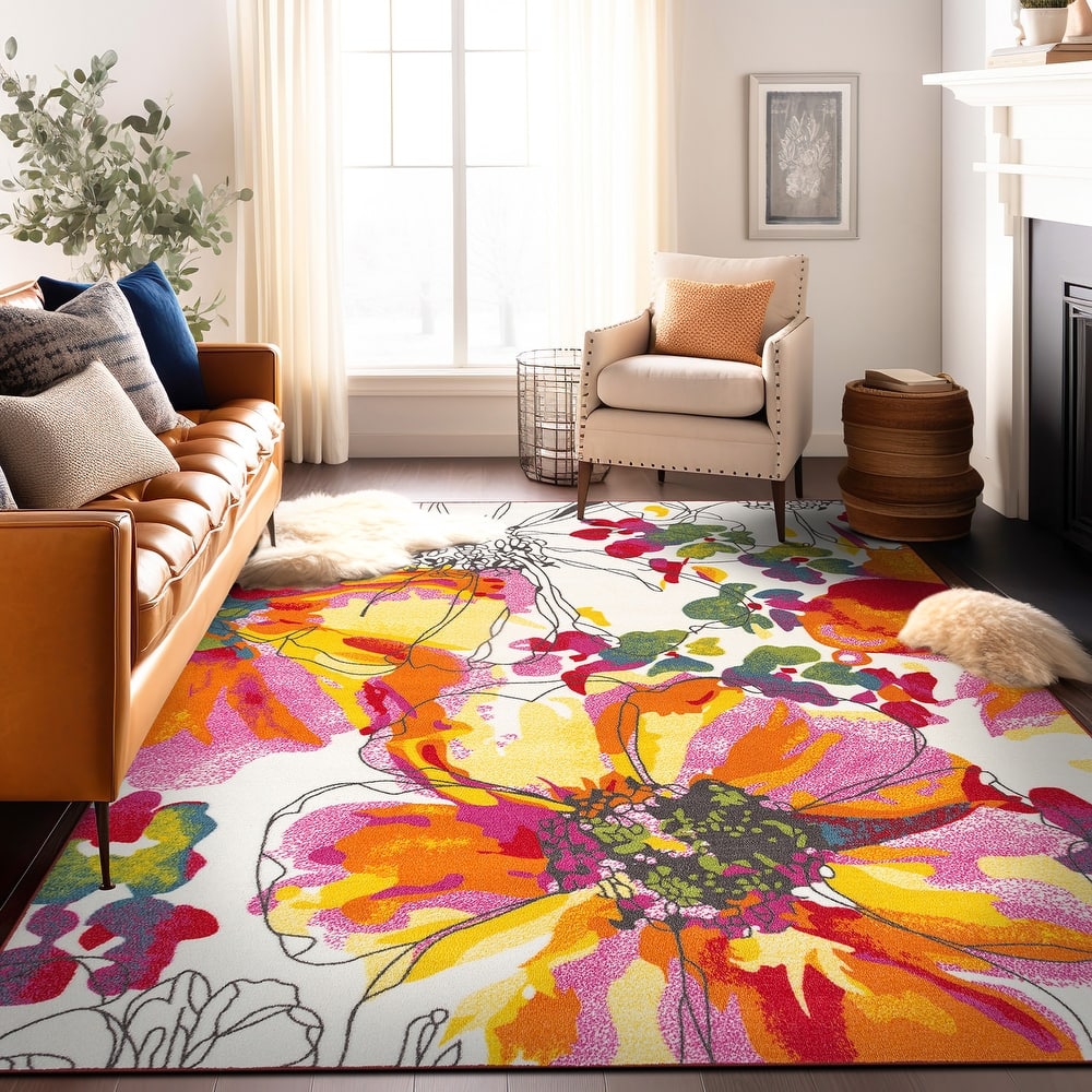 World Rug Gallery Modern Bright Flowers Non-Slip Area Rug Multi
