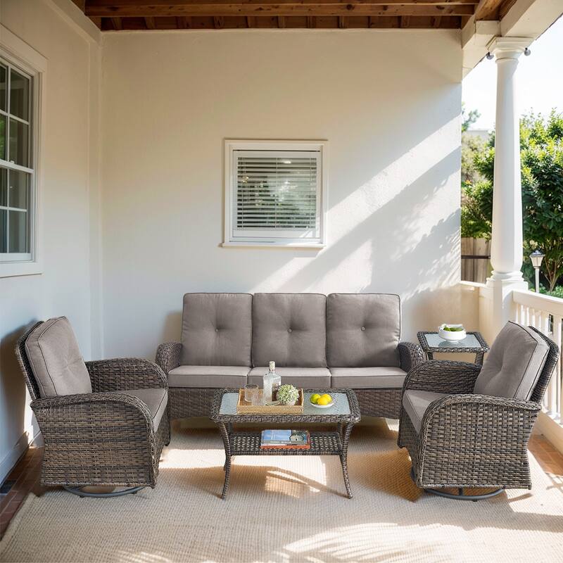 Pocassy Patio Outdoor Sofa Swivel Chairs with Ottman Table Set - Brown Wicker Gray Cushion - 5-Piece Sofa Swivel Chiar with Table