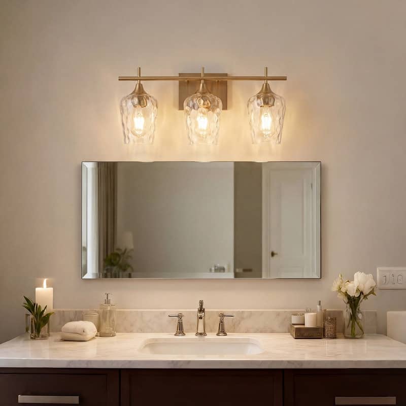 3 Light Bathroom Vanity Light with Brushed Brass Finish with Clear Textured Glass Shades