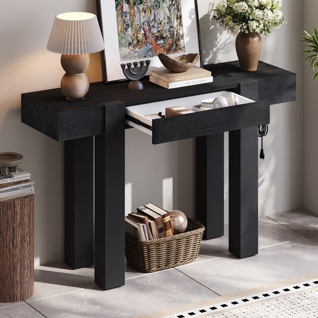 47.25 Inches Wooden Rustic Minimalist Console Table, with Hidden Drawer and Side Power Outlet