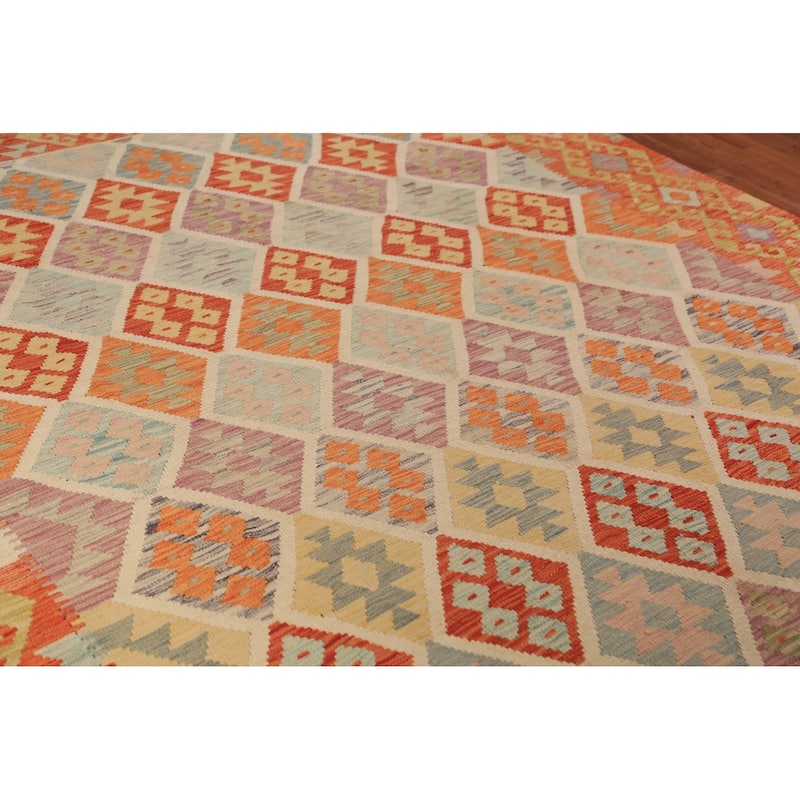 Trellis Geometric Kilim Oriental Area Rug Hand-Woven Wool Carpet - 8'2"x 9'8"