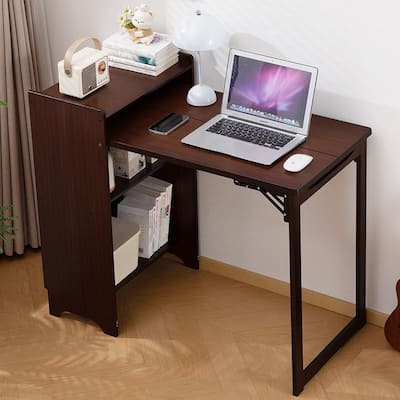 Bamboo Folding Desk, Foldable Desk for Small Space, Computer Desk with Hidden Storage and Built-in Socket, Foldable Table