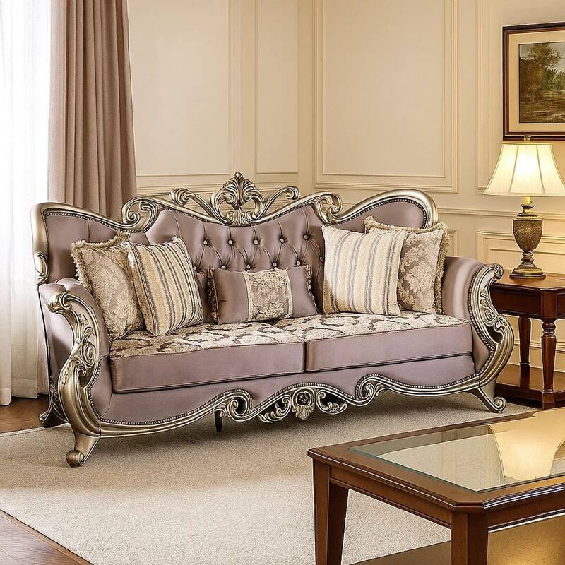 Aboi Sofa, 5 Accent Pillows, Purple Velvet, Carved Details, 95 Inch