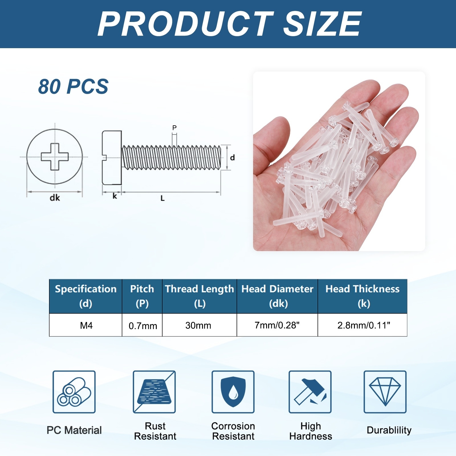 Clear PC Plastic Self-tapping Screw, Phillips Round Head Bolts for Machine Accessories, Transparent