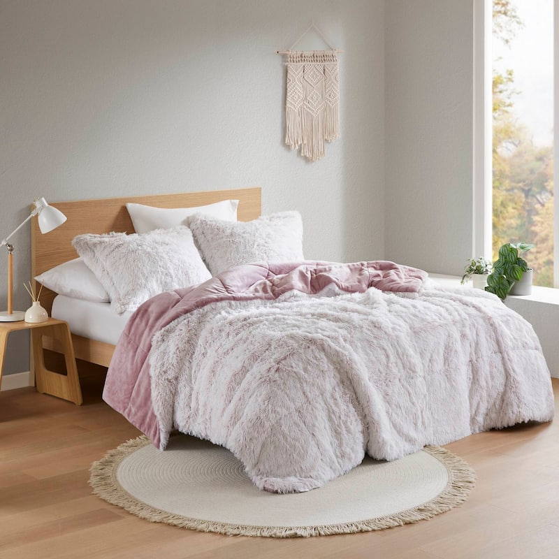 2 PCS Twin/Twin XL Shaggy Faux Fur Comforter Mini Set Pink/White - Pink+White
