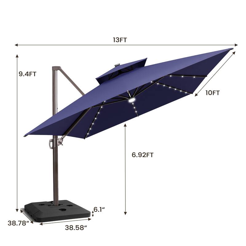 Pellebant 10x13 FT Outdoor Patio Double Top Cantilever Umbrella Solar LED Lighted with 4 Piece Square Offset Umbrella Base