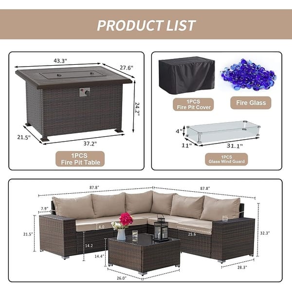 dimension image slide 3 of 7, Outdoor Patio Furniture Set, All Weather PE Wicker Sectional Conversion Sofa set with Firepit(Optional)
