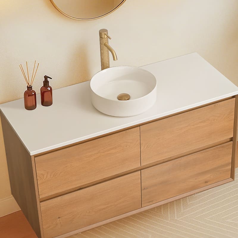 48" Floating Bathroom Vanity Quartz Counter Top with Ceramic Vessel Sink