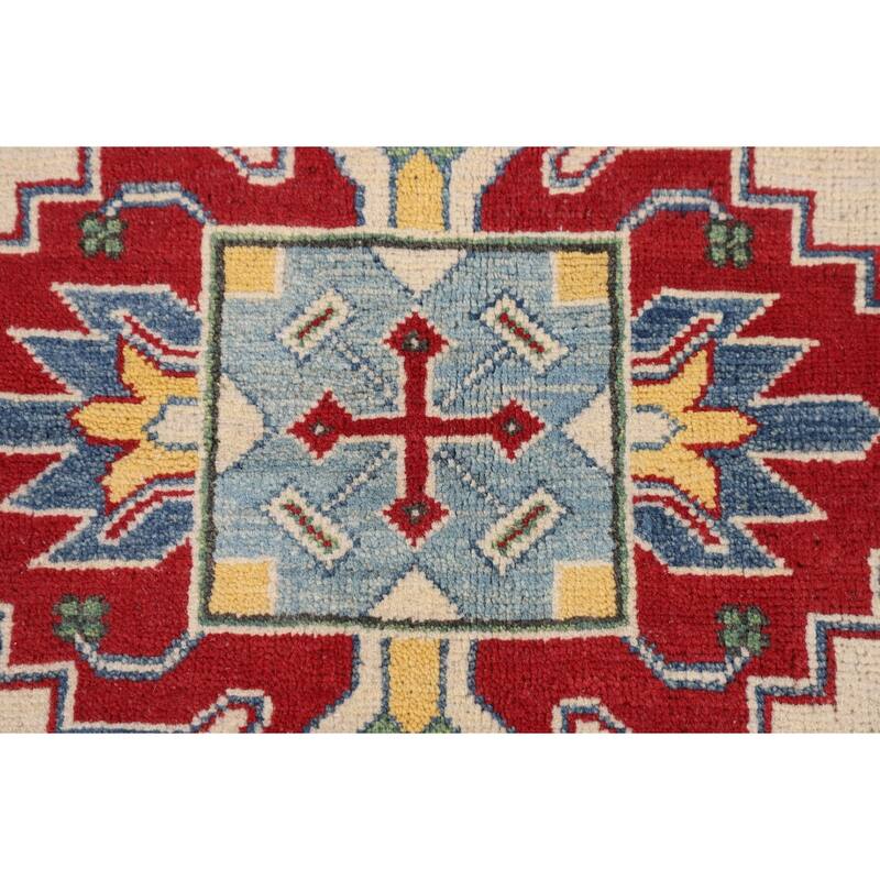 Ivory Kazak Oriental Area Rug Hand-Knotted Geometric Wool Carpet - 5'1" x 6'7"