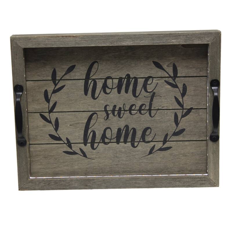 HomeRoots 16" Dark Gray And Black Home Sweet Home Serving Tray With Handles And LED Lights - 15.50 in. x 2.25 in. x 12.00 in.