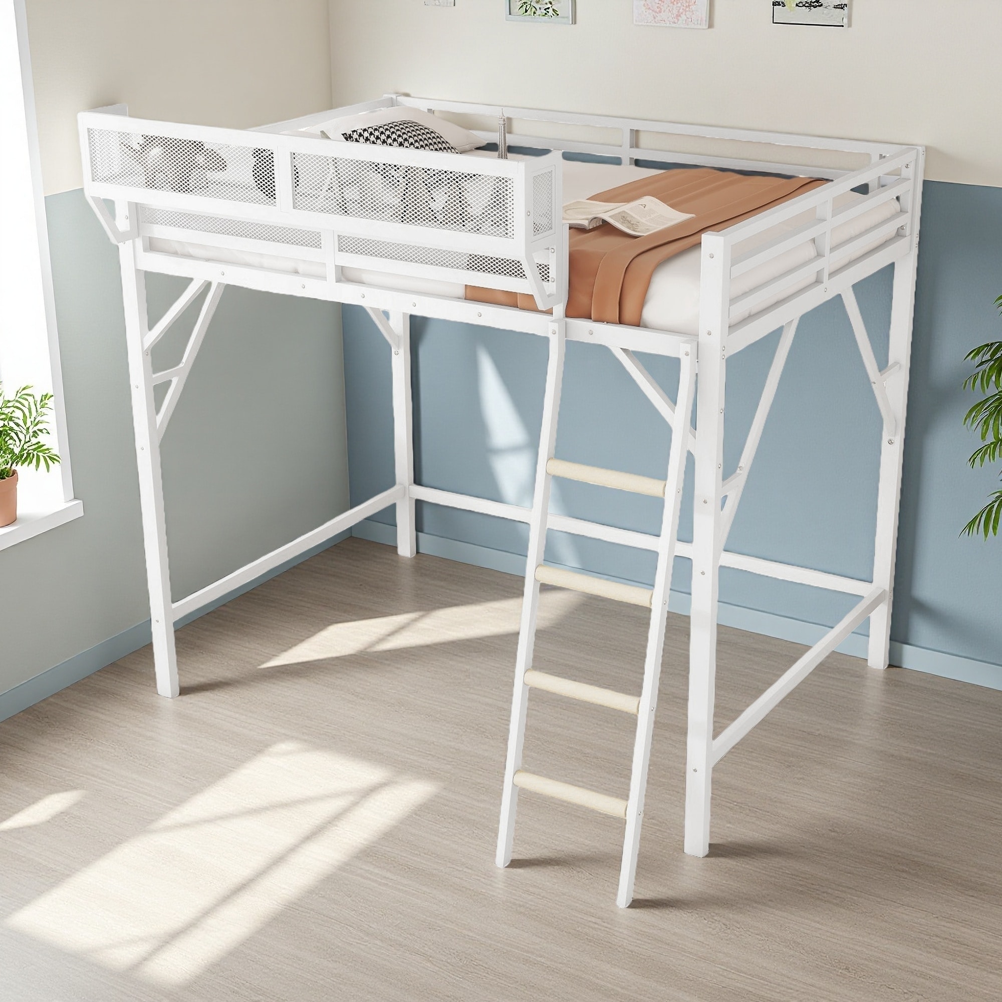 Queen Size Metal Loft Bed with Ladder, Storage Shelves and Noise-Free Slats