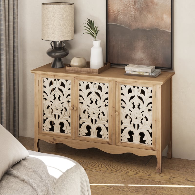 COZAYH French Country Storage Cabinet, Classic Carved Openwork Cupboard, Perfect for Living Room, Kitchen, Hallway - 3-Door Sideboard