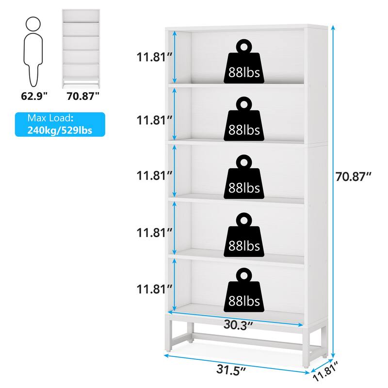 70.8 Inches Tall Bookcase and Bookshelf, 5-Tier Large Bookcases - 11.81"D x 31.5"W x 70.87"H