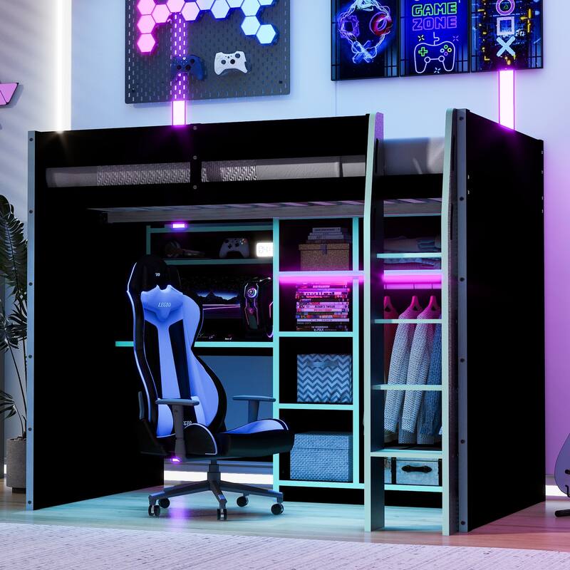 Full-Size Modern Gaming Wooden Loft Bed with RGB Lighting, Desk & Open Storage by Harper&Bright Designs - Blue