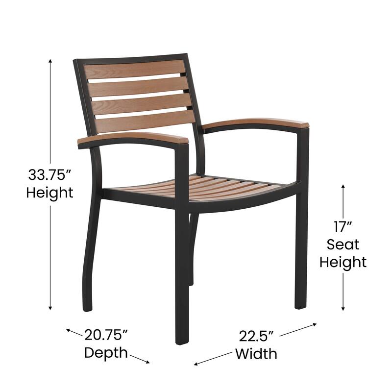 Set of 4 Stackable All-Weather Aluminum Patio Chairs with Faux Teak Slats