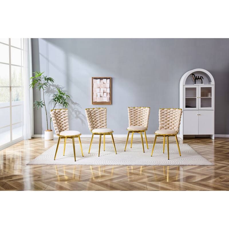 Set Of 2, Modern Luxury Velvet Woven Decorative Dining Chairs, Equipped With Gold Metal Legs And Cushioned Seats