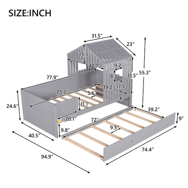 dimension image slide 0 of 2, Twin Size House Low Loft Bed w/ Trundle Upholstered Platform Bed Frame
